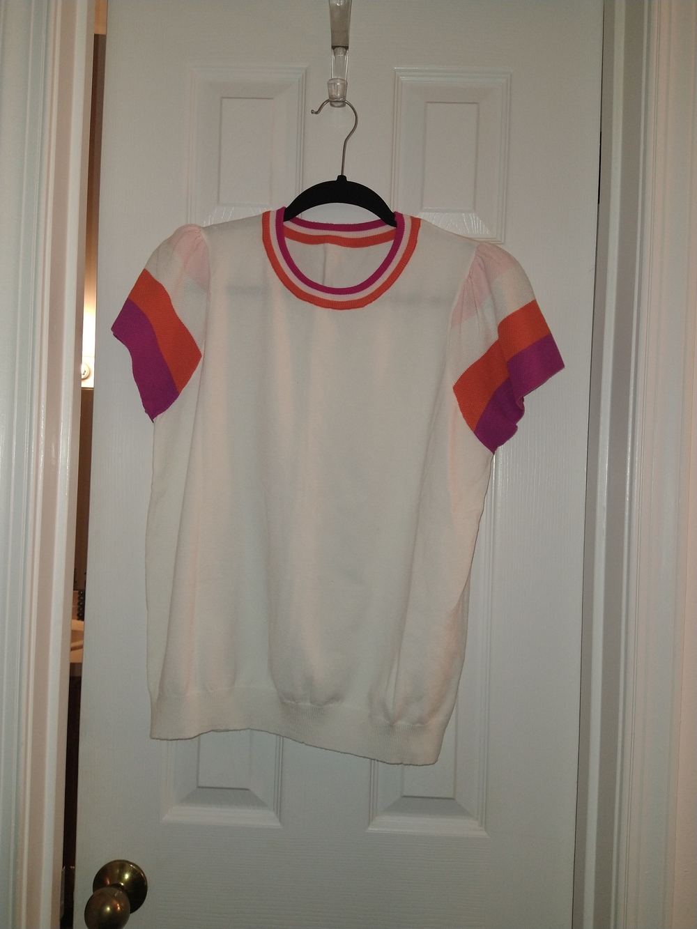 Women's Sweater. White Short Sleeve Sweater with Pink & Orange Trim